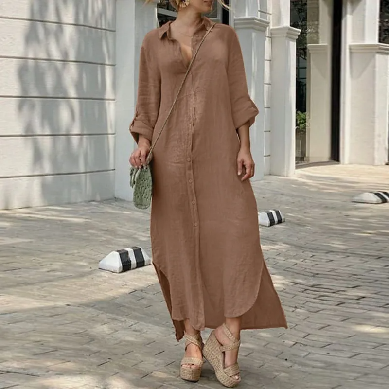 Women Casual Cotton Linen Lapel Single Breasted Maxi Shirt Dress