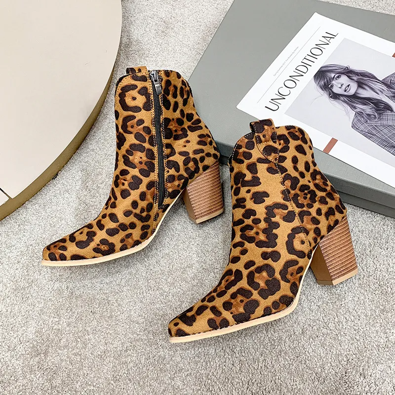 Women Fashion Plus Size Leopard Print Pointed Toe Chunky Heel Short Boots