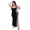 Women Casual Summer Plus Size Color Contrast Side-Slit Stripe Maxi Dress