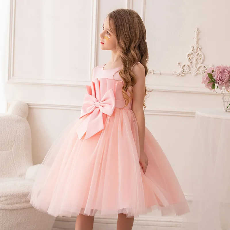 Kids Toddler Big Girls Casual Cute Party Mesh Bow Sleeveless Round Neck Tutu Princess Dress