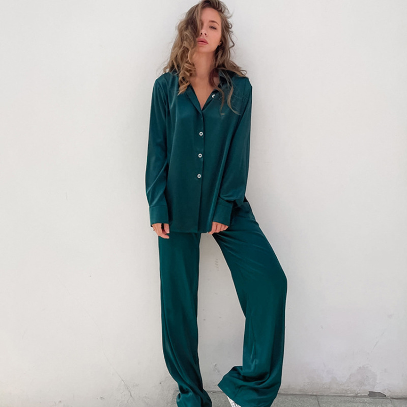 Women'S Fashion Shirt Faux Silk Lightweight Long Sleeve Trousers Pajama Set