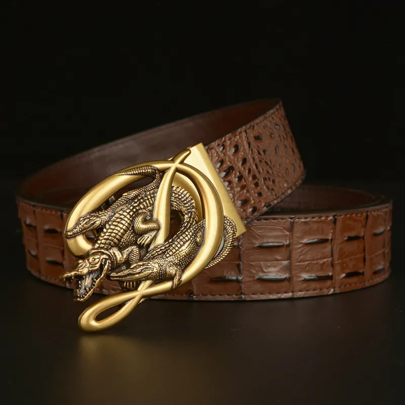 Men Fashion Casual Business Solid Color Leather Metal Buckle Crocodile Belt