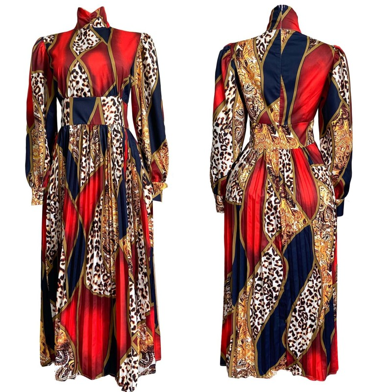 Women Fashion Casual Leopard Printing Mock Neck Long Sleeve Dress