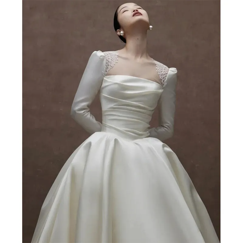 Satin Wedding Dress Women Summer Temperament Retro Long Sleeve Floor Trailing Dress