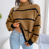 Women Fashion Casual Basic Stripe Lantern Sleeve Turtleneck Knitted Sweater