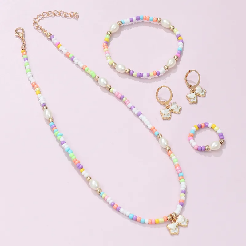 (Buy 1 Get 2) Children Kids Baby Fashion Girls Bowknot Pearl Bead Necklace Bracelet Earrings Ring Set