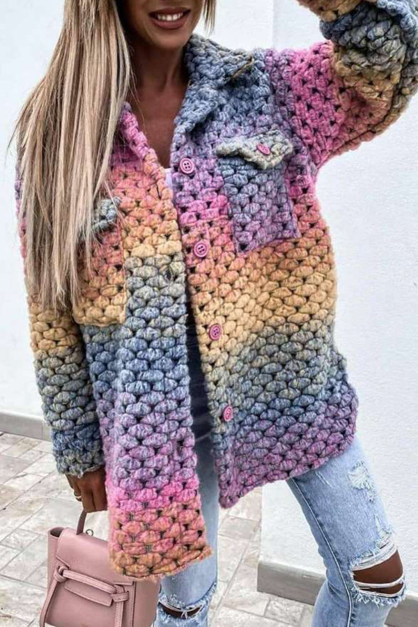 Women Winter Fashion Rainbow Color Long Sleeve Hollow Knitted Jacket Topcoat