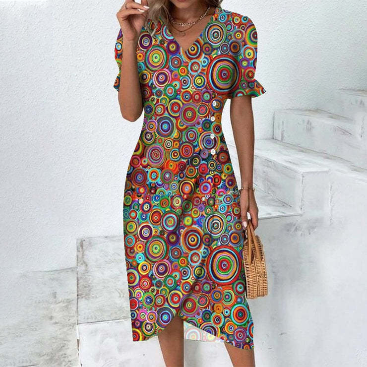 Women'S Fashion Casual Floral Printing Puff Sleeve Irregular Elegant Midi Dress