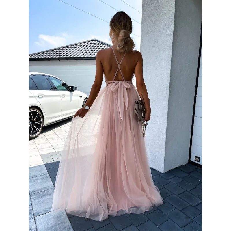 Fashion Sexy Backless Women Elegant Lace Mesh Halter Neck Maxi Party Dress