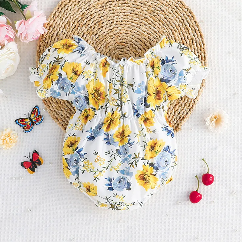 Kids Baby Girls Casual Cute Bow Floral Puff Sleeve Romper