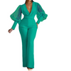 Women Solid V-Neck Mesh Panel Long Sleeve Neck Waist Casual Jumpsuit