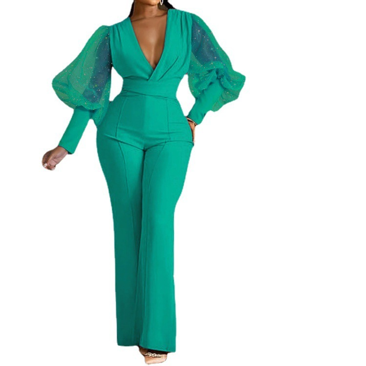 Women Solid V-Neck Mesh Panel Long Sleeve Neck Waist Casual Jumpsuit