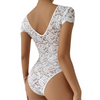 Women Summer Solid Color Sexy Lace See-Through Deep V Open Back Bodysuit