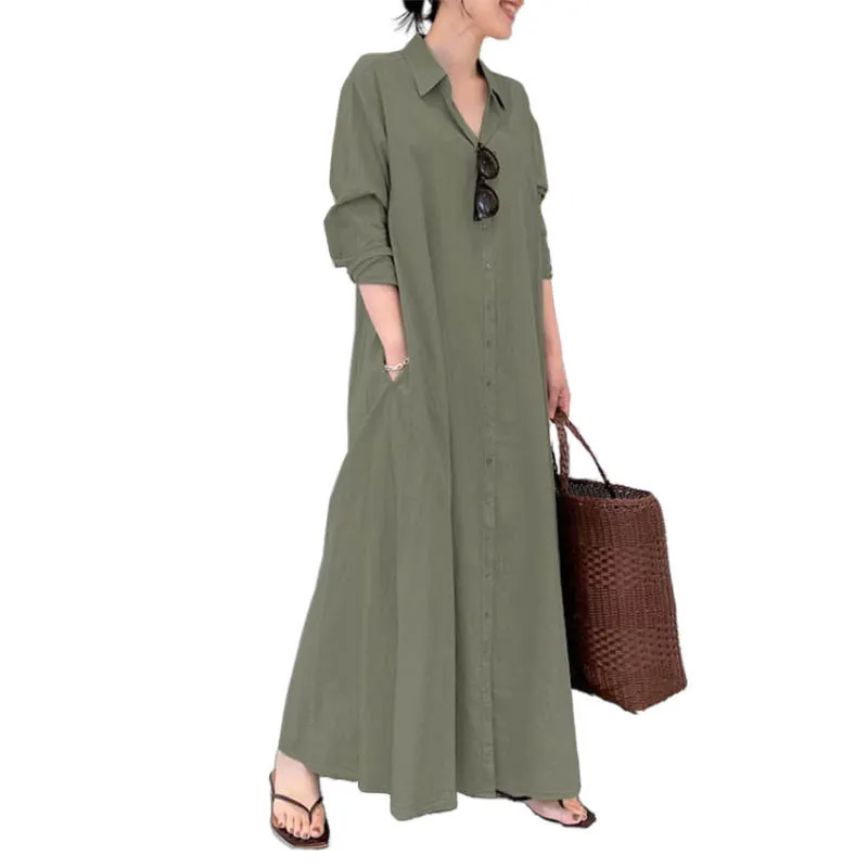 (Buy 1 Get 1) Casual Ramadan /Eid Women Solid Color Lapel Long Sleeve Pocket Simple Shirt Maxi Dress