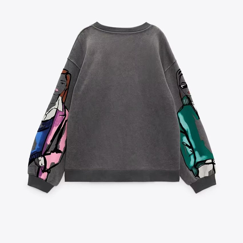 Autumn Winter Women Fleece-Lined Round Neck Loose Graphic Printed Sweatshirt