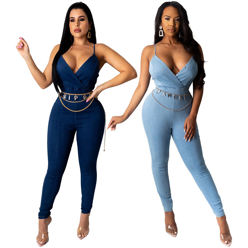 Sexy Backless Patchwork Denim Sling Jumpsuits