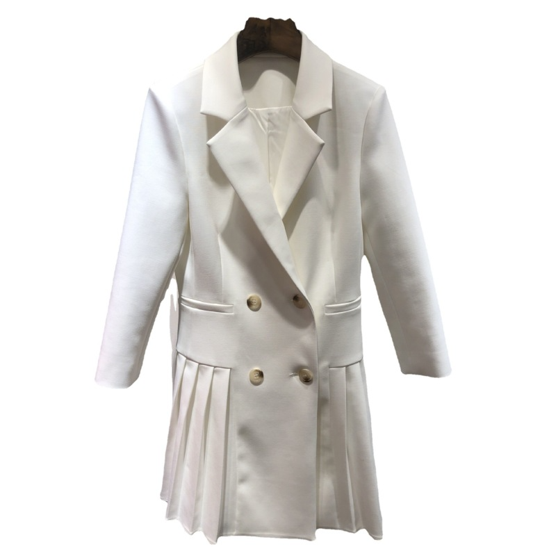 Women Fashion Pleated Double-Breasted Long Sleeve White Blazer Dress