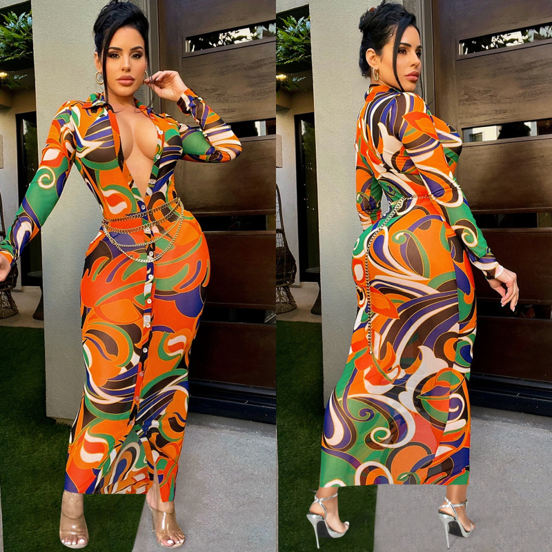 Women Fashion Mesh See-Through Graphic Printing Single Breasted Long Sleeve Shirt Maxi Dress