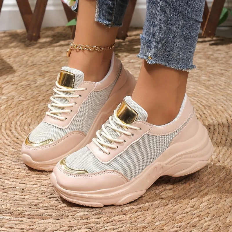 Women Fashion Plus Size Mesh Breathable Lace-Up Round-Toe Sneakers