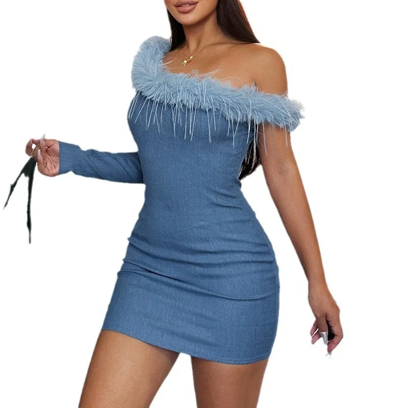 (Buy 1 Get 1) Women Fashion Slant Shoulder Long Sleeve Slim Fit Plush Neck Mini Dress