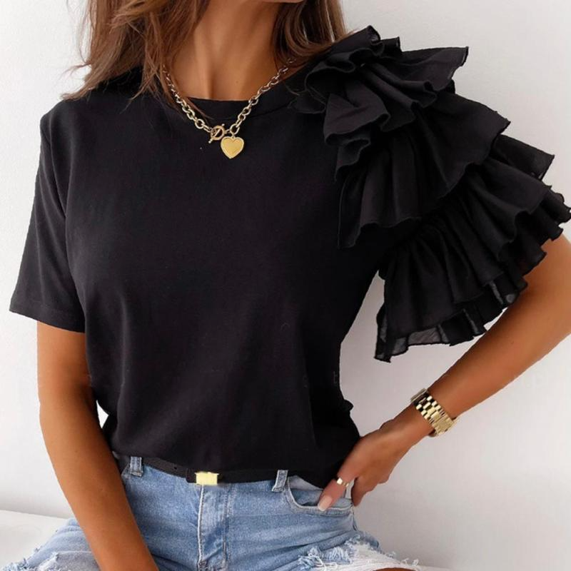 Women Elegant Solid Color Ruffled Short Sleeves Round Neck Loose Summer Blouse