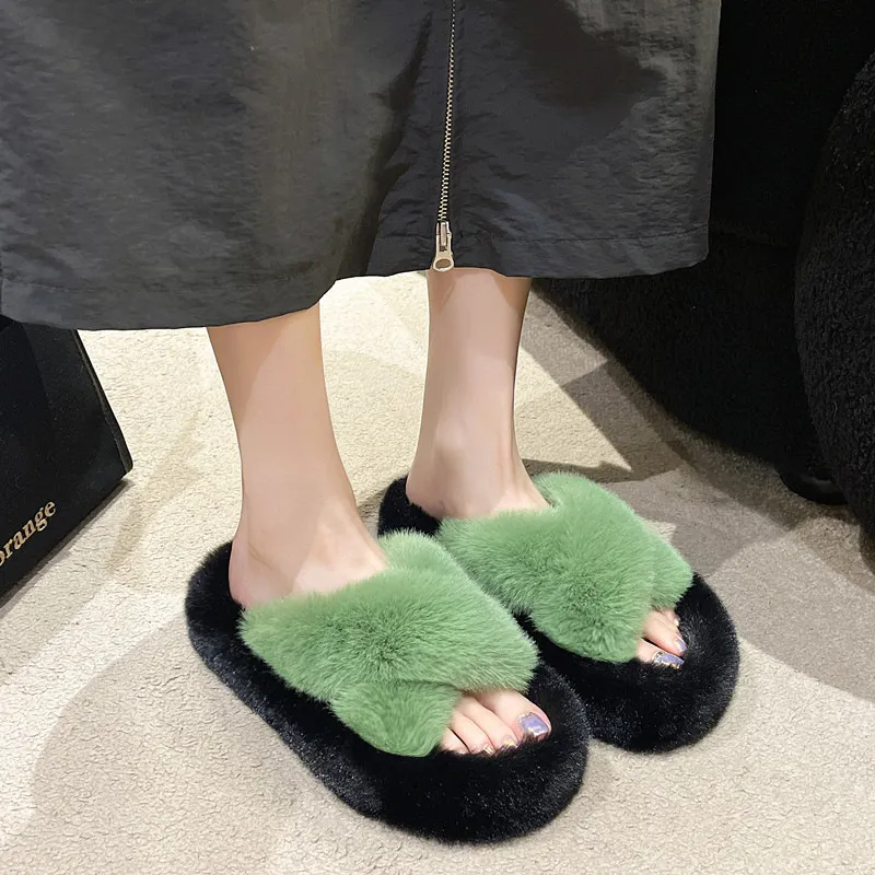 Autumn Winter Women Fashion Plus Size Cross Plush Warm Home Slippers