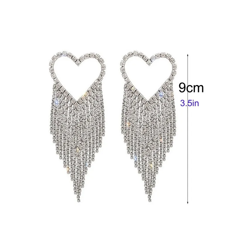 Women Fashion Exaggerated Heart-Shaped Rhinestone Hollow Tassel Earrings