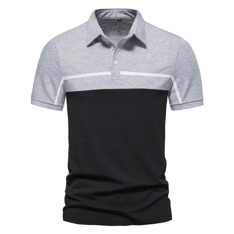 Men Business Casual Stitching Color Block Striped Short Sleeved Lapel Polo Shirt