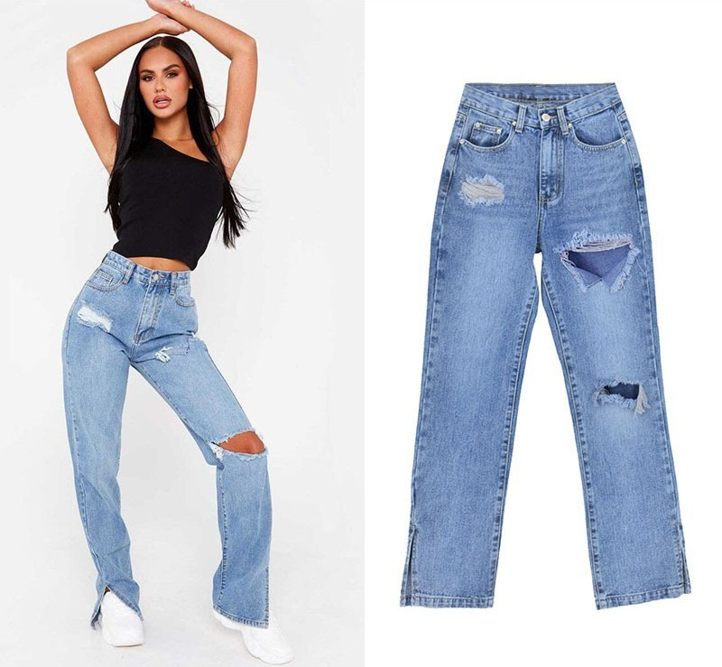 Women Fashion Street Style Cut Out Ripped Slit Hem Jeans