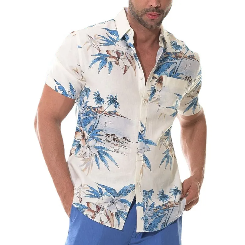 Men Casual Simple Landscape Print Lapel Short Sleeve Loose Shirt