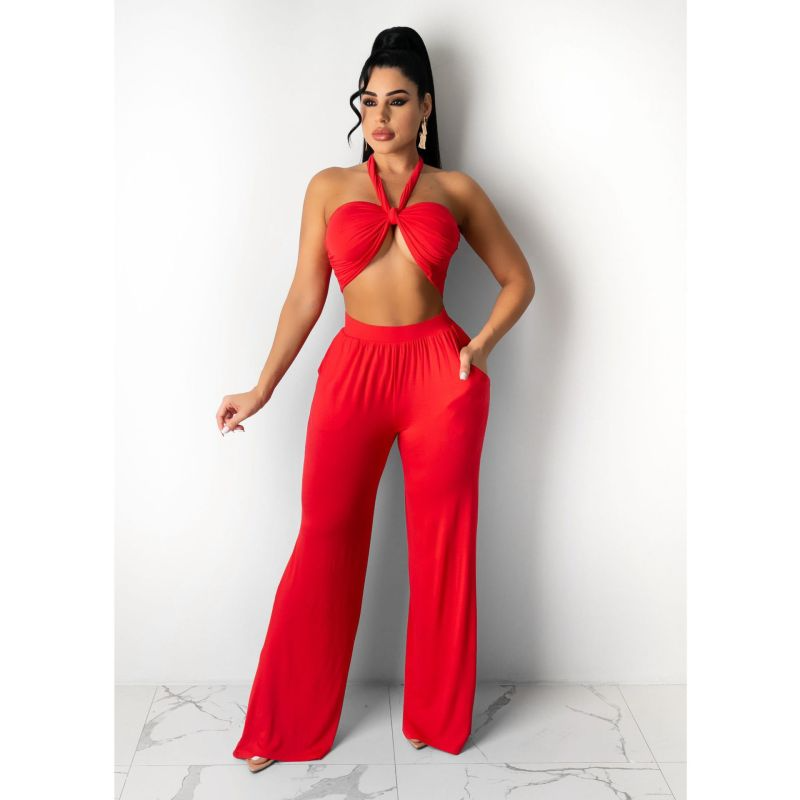 Women Summer Vacation Solid Color Tube Top Wide Leg Pants Two-Piece Set