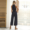 Women With Belt Polka-Dot Halterneck Suspenders Wide-Leg Black Jumpsuit