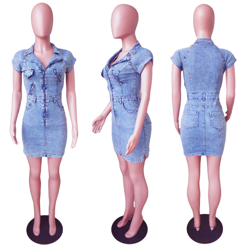 Women Basic Elegant Zipper Denim Lapel Bodycon Dress