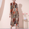 Women Elegant Vacation Loose Stand Collar Pleated Long Sleeves Printed Chiffon Dress