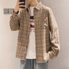 Men Fashion Colorblock Check Print Lapel Long Sleeve Loose Shirt