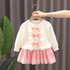 (Buy 1 Get 1 ) Kids Toddler Girls Autumn Winter Fashion Casual Simple Solid Color Bow Sweater Pleated Skirt Set