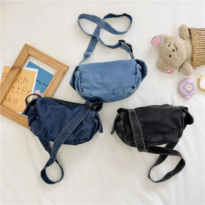 Kids Boys Girls Fashion Casual Cute Solid Color Denim Canvas Zipper Crossbody Bag