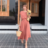 Women Fashion Minimalist Casual Elegant Solid Color Round Neck Defined Waist Chiffon Knee-Length Dress