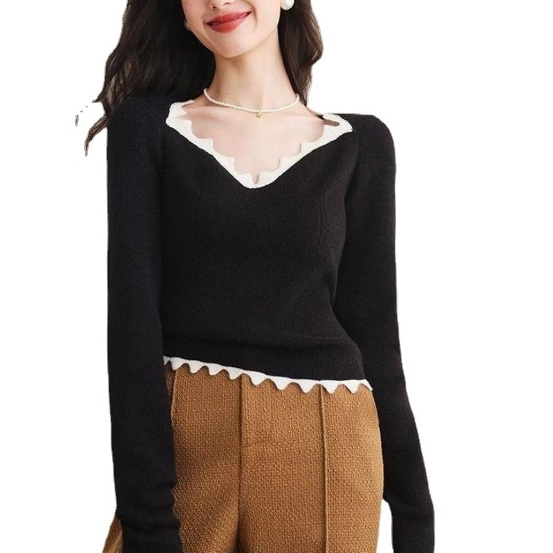 Women Black White Color Matching V-Neck Slim Pullover Knitted Top