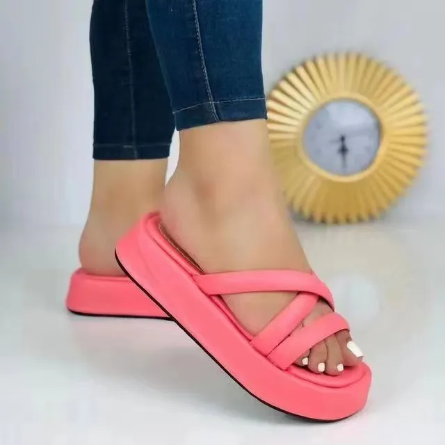 (2 pair) Women Fashion Plus Size Cross Strap Thick-Soled Round Toe Slippers