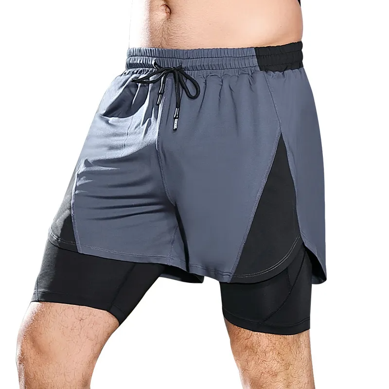 Men Casual Elastic Quick-Drying Fake Two-Piece Double-Layer Sports Shorts