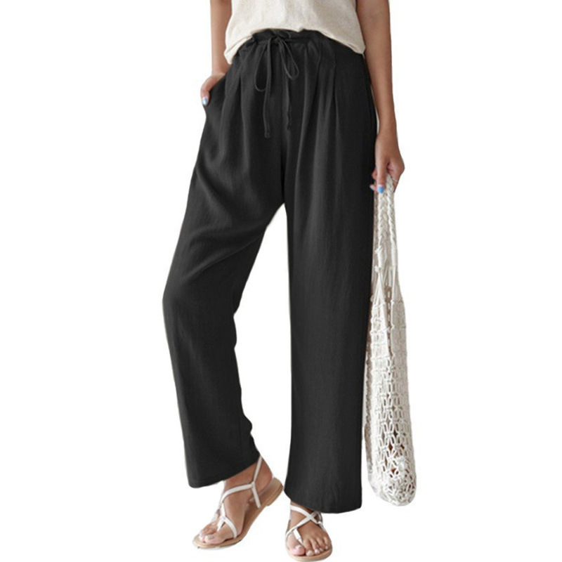 Women'S Fashion Casual Cotton Linen Loose Elastic-Waist Straight Leg Trousers