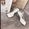 Women Fashion Sexy PU Solid Color Square Toe Stiletto Heel Ankle Strap Buckle Thong Sandals