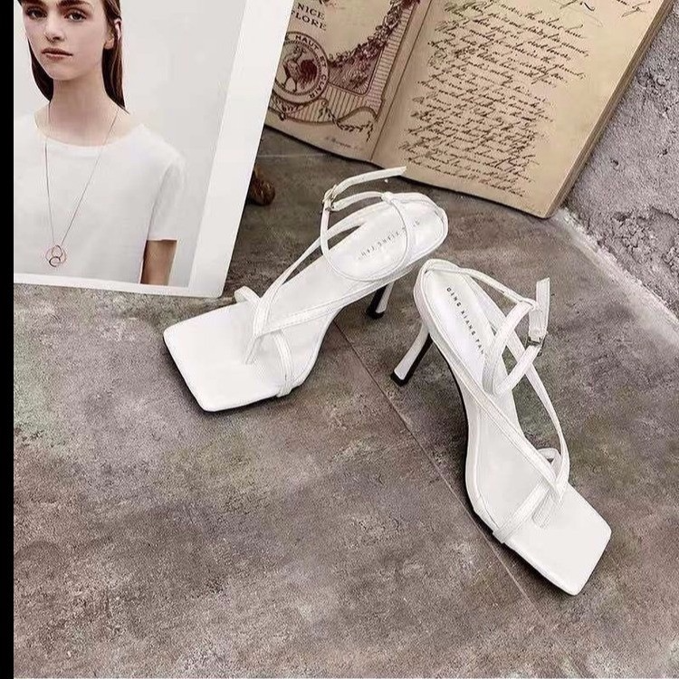 Women Fashion Sexy PU Solid Color Square Toe Stiletto Heel Ankle Strap Buckle Thong Sandals