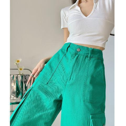 Fashion Casual Ladies Loose High Waist Green Overalls Jeans