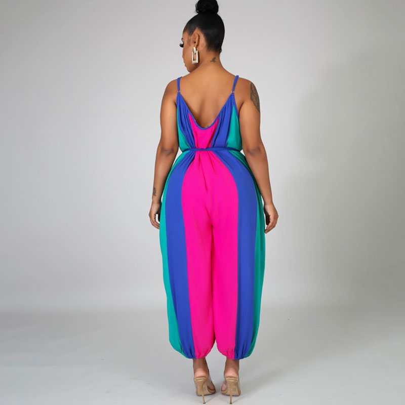 Women Casual Rainbow Print Loose Sling Lace-Up Jumpsuit