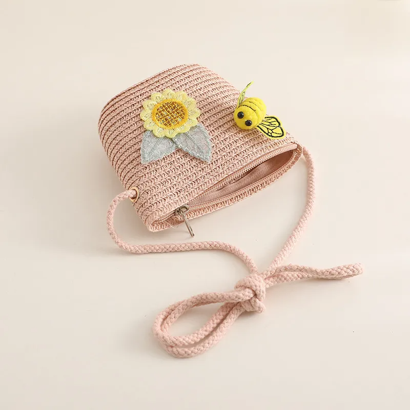 Kids Girls Fashion Straw Woven Wavy Hat And Bag Set