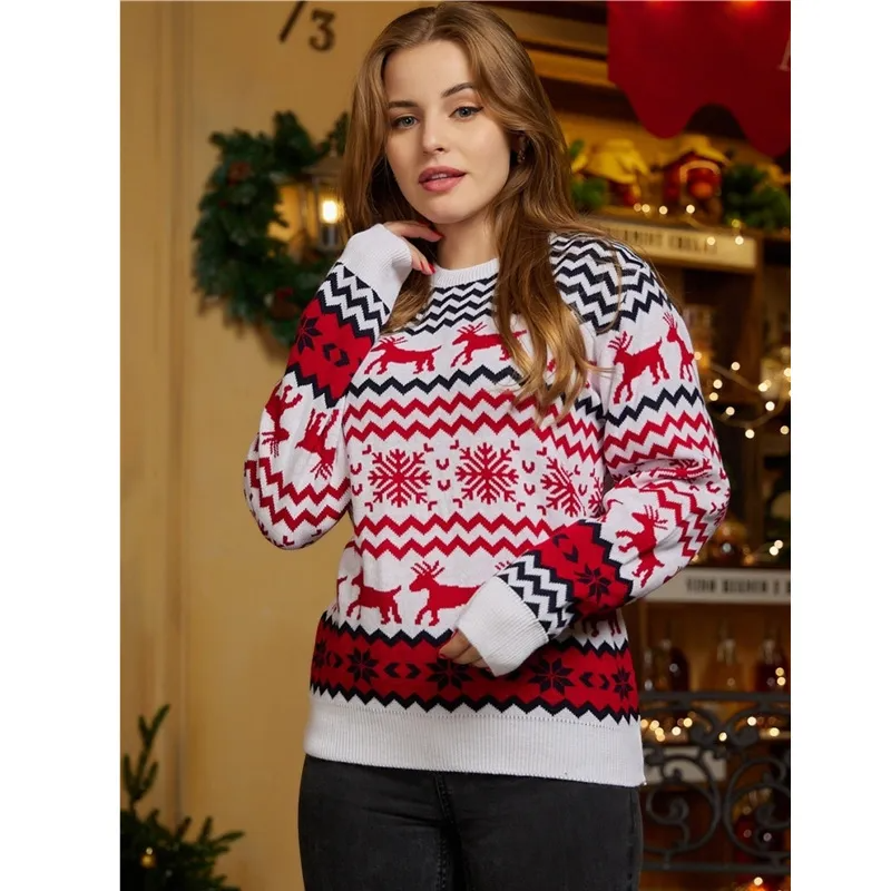 Fashion Winter Couple Men Women Christmas Round Neck Elk Jacquard Long Sleeve Knitted Sweater