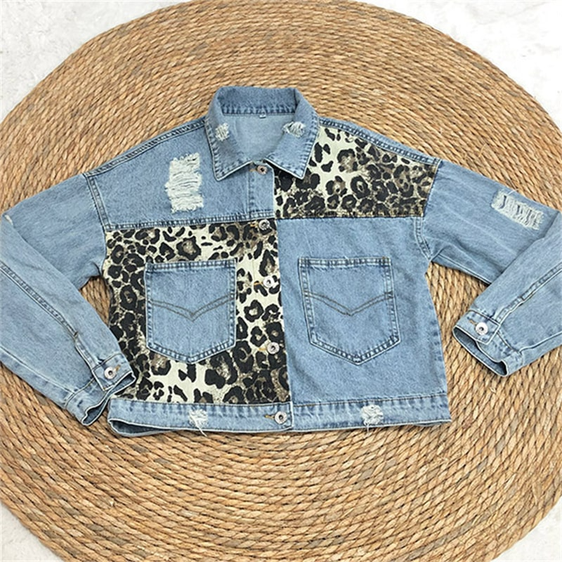 Women Autumn Casual Vintage Patchwork Leopard Loose Denim Jacket Top