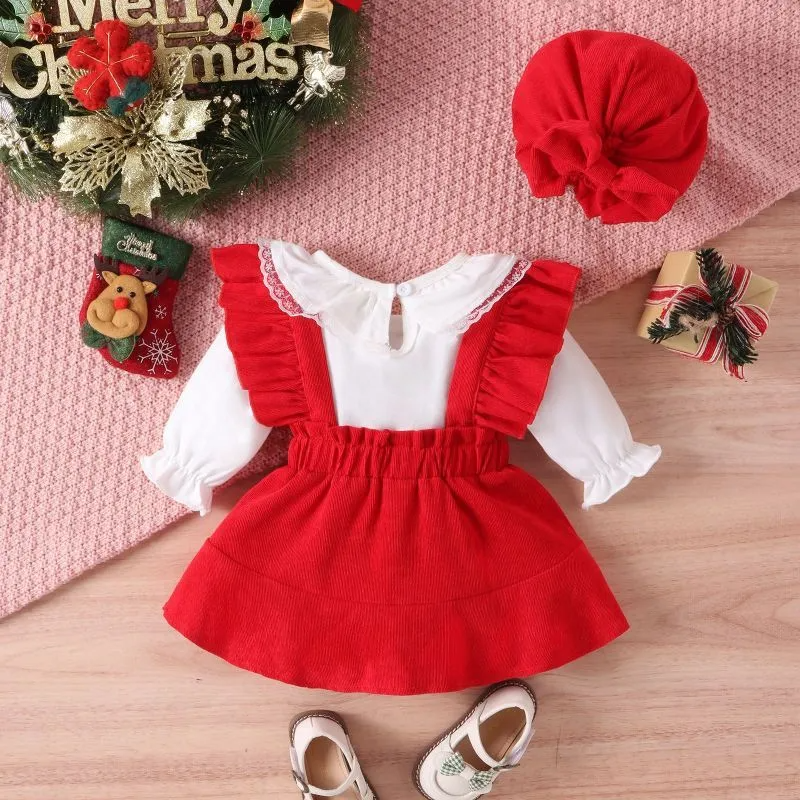 Baby Fashion Casual Christmas Solid Color Long Sleeve Round Neck Romper Playd Bow Skirt Sets